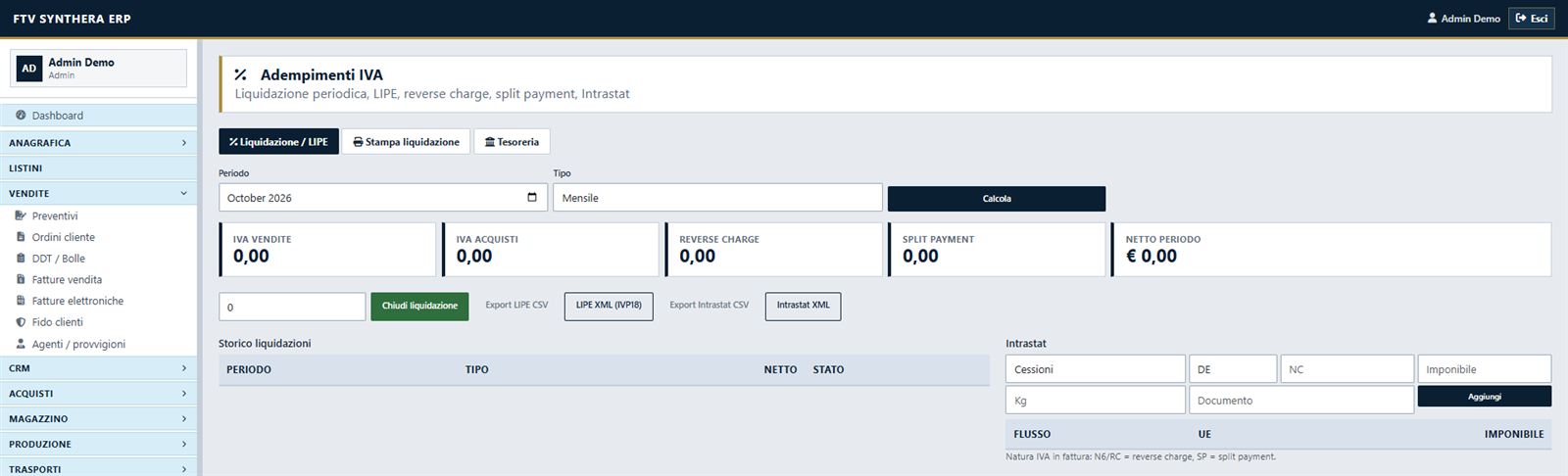 Liquidazione IVA in FTV Synthera: IVA vendite, IVA acquisti, reverse charge e split payment del periodo