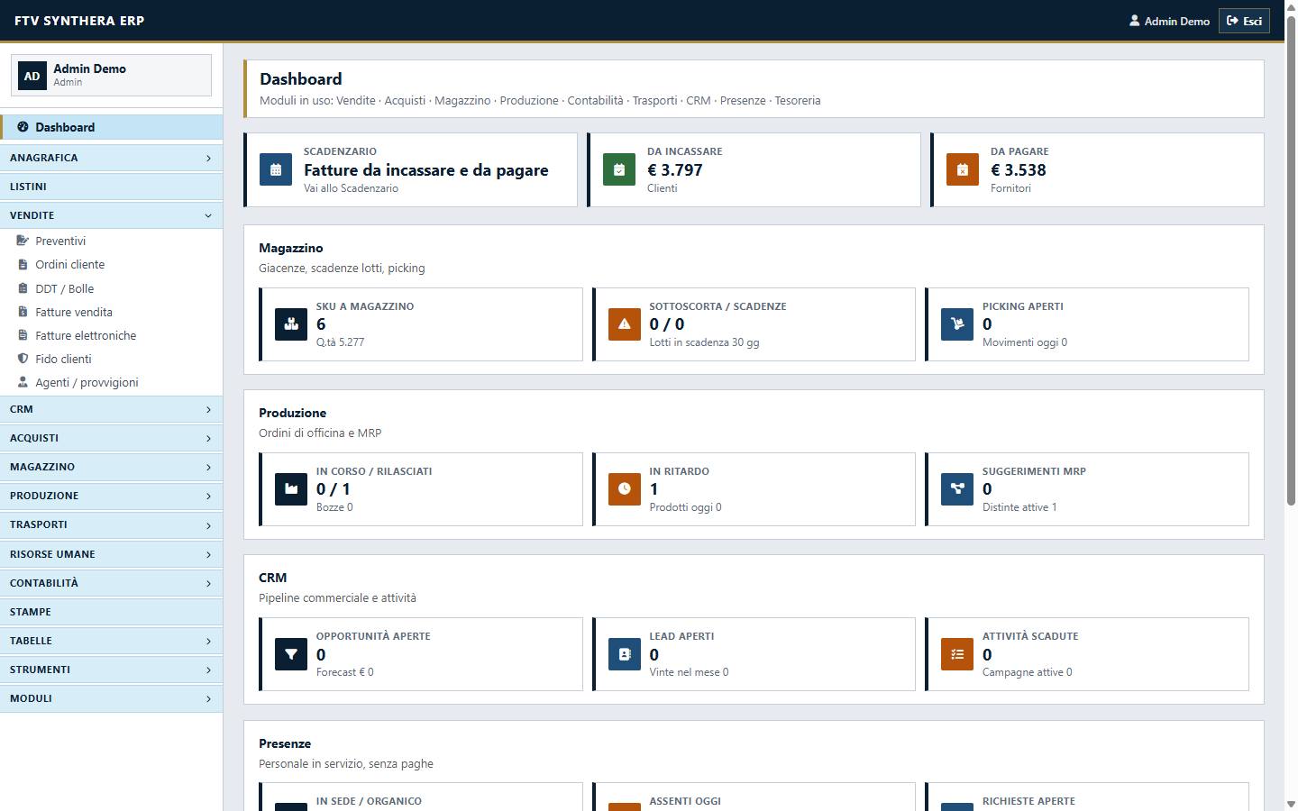 Dashboard FTV Synthera ERP con scadenzario, magazzino, produzione, CRM e presenze