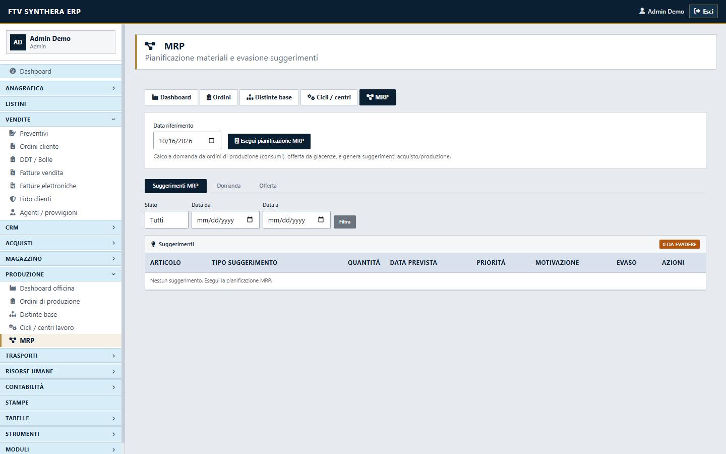 Pianificazione MRP in FTV Synthera: domanda, offerta e suggerimenti di acquisto o produzione