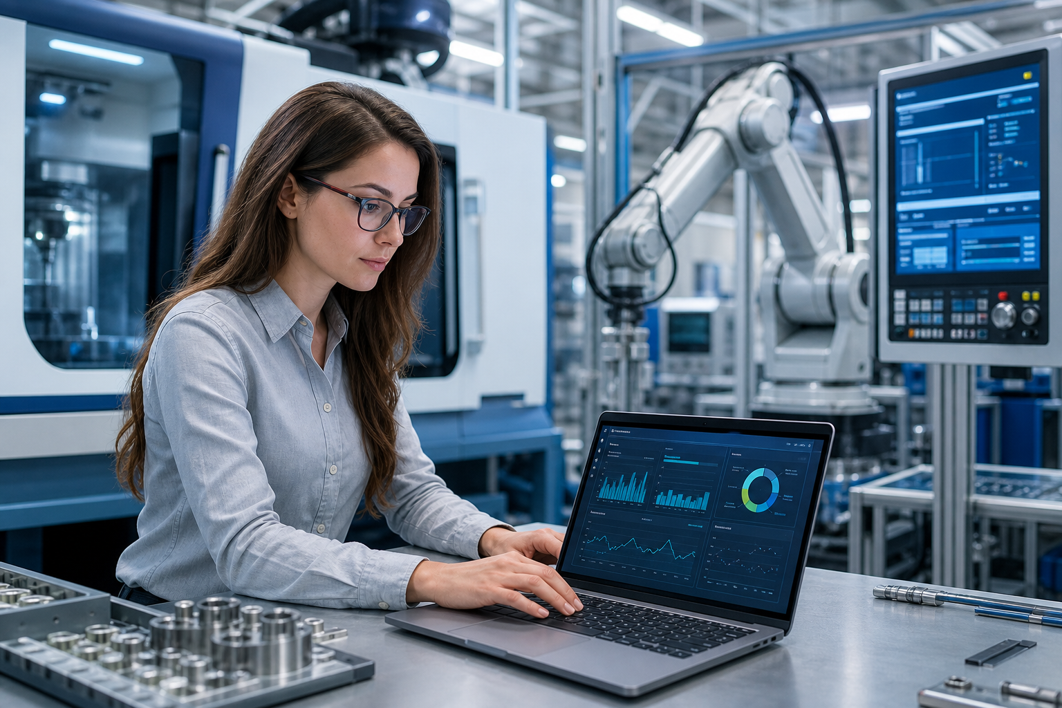 Ingegnere con laptop e macchinari Industria 4.0 con pannello software HMI