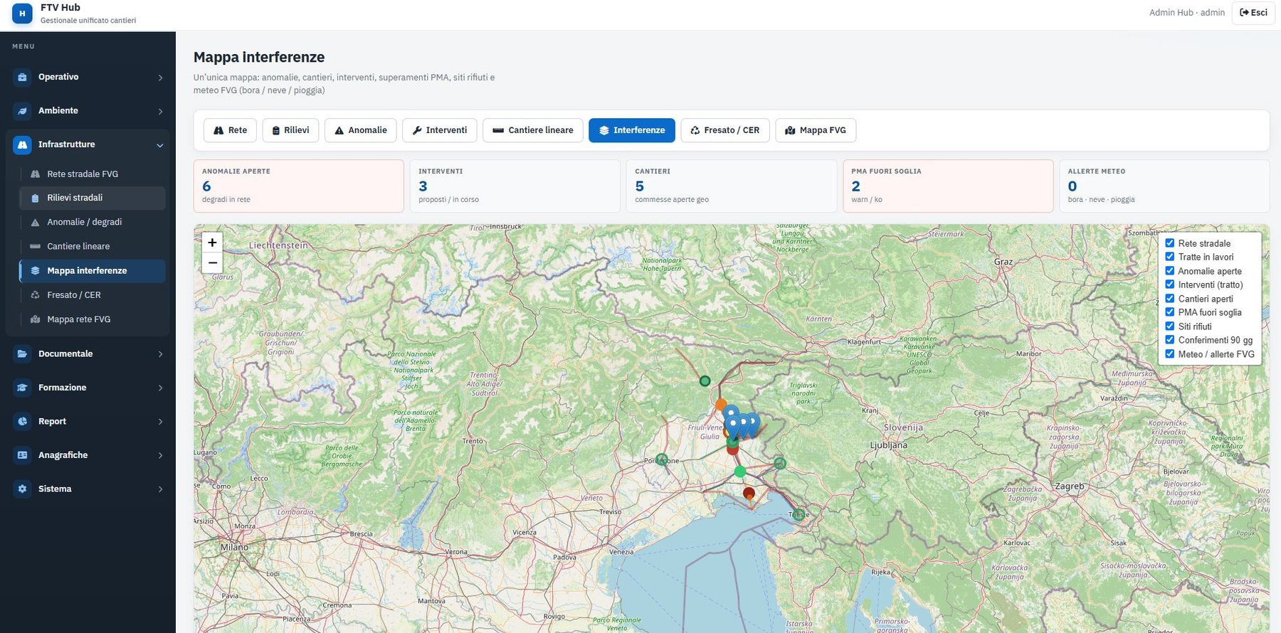Mappa cantieri geolocalizzati in FTV Cantieri per imprese edili del Friuli e del Nord Est